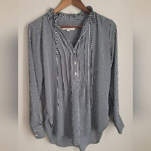 Loft Womens XS Popover Striped Blouse Black White Ruffle Detail Career Old Money
